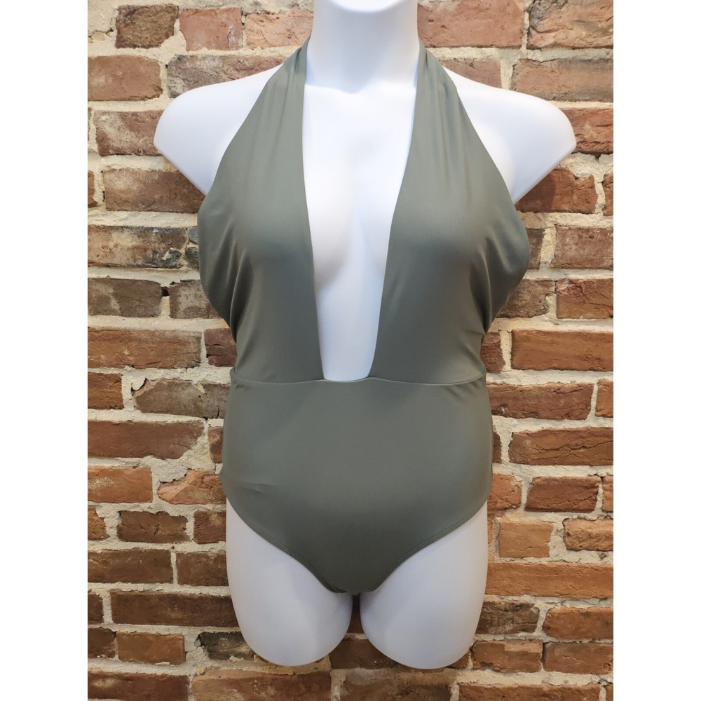Aerie Swimsuit Olive Green Royal Palm Plunge Halter One Piece Tie‎ Neck Sz Large